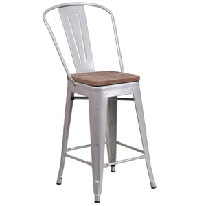 Flash Furniture 24&quot Metal Counter Stool in Silver and Wood Grain