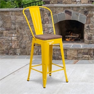 Flash Furniture 24&quot Metal Counter Stool in Yellow and Wood Grain