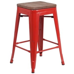 Flash Furniture 24&quot Backless Metal Counter Stool in Red and Wood Grain