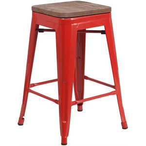 flash furniture galvanized steel backless square top bar stool in red with wood grain seat