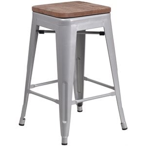flash furniture galvanized steel backless square top bar stool in silver with wood grain seat