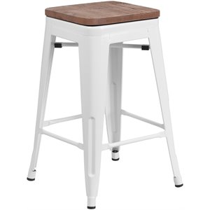 flash furniture galvanized steel backless square top bar stool in white with wood grain seat