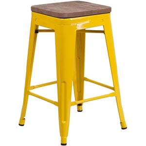 flash furniture galvanized steel backless square top bar stool in yellow with wood grain seat