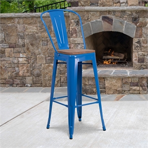 Flash Furniture 30&quot Metal Bar Stool in Blue and Wood Grain