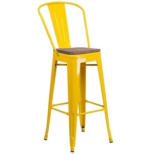 Flash Furniture 30&quot Metal Bar Stool in Yellow and Wood Grain