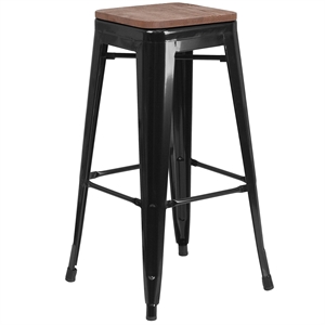 Flash Furniture 30&quot Backless Metal Bar Stool in Black and Wood Grain