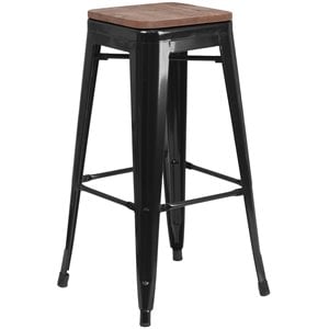 flash furniture galvanized steel backless square top bar stool in black with wood grain seat