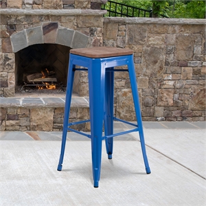 Flash Furniture 30&quot Backless Metal Bar Stool in Blue and Wood Grain
