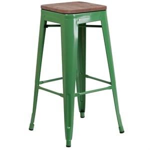 Flash Furniture 30&quot Backless Metal Bar Stool in Green and Wood Grain