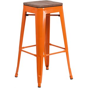 flash furniture galvanized steel backless square top bar stool in orange with wood grain seat