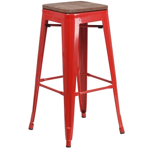 Flash Furniture 30&quot Backless Metal Bar Stool in Red and Wood Grain