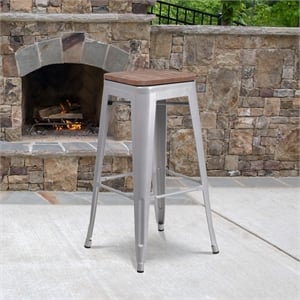 Flash Furniture 30&quot Backless Metal Bar Stool in Silver and Wood Grain