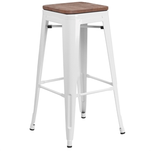 Flash Furniture 30&quot Backless Metal Bar Stool in White and Wood Grain