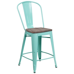 Flash Furniture 24&quot Metal Counter Stool in Mint Green and Wood Grain
