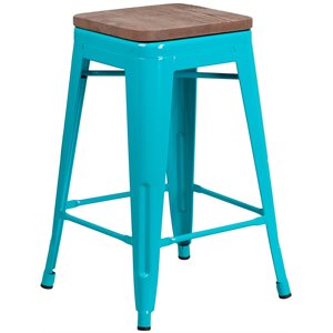 flash furniture stackable industrial metal backless bar stool in crystal teal blue and wood grain