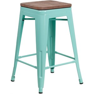 flash furniture stackable industrial metal backless bar stool in mint green and wood grain