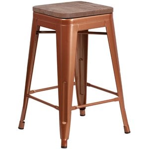 flash furniture stackable industrial metal backless bar stool in copper and wood grain