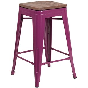 flash furniture stackable industrial metal backless bar stool in purple and wood grain