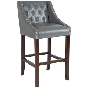 flash furniture carmel nailhead leather tufted bar stool in light gray and walnut