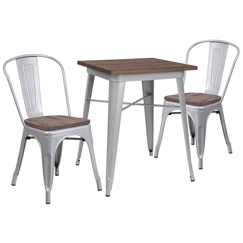 Flash Furniture 3 Piece 26 Square Bistro Set In Silver And Brown Image Is Loading Flash Furniture 3 Piece 26 034 Square Bistro