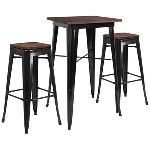 flash furniture wood top galvanized steel pub set in black and brown with backless stools