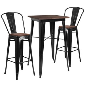 flash furniture wood top galvanized steel pub set in black and brown with vertical slat back stools