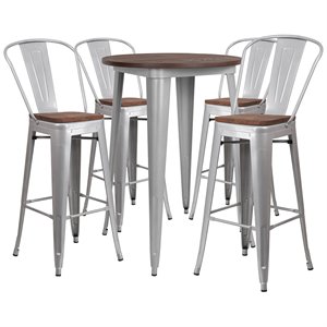 flash furniture wood top galvanized steel pub set in silver and brown with vertical slat back stools