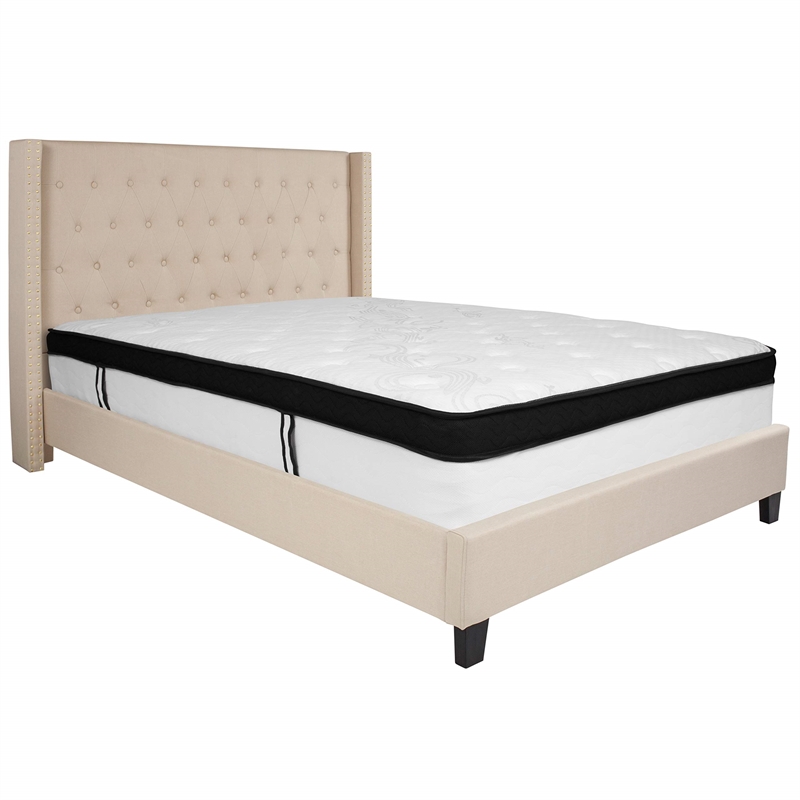 Flash Furniture Riverdale Tufted Queen Wingback Platform Bed in Beige