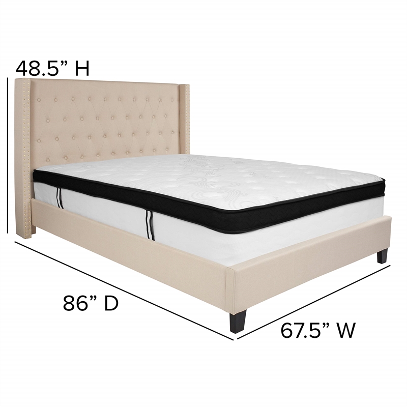 Flash Furniture Riverdale Tufted Queen Wingback Platform Bed in Beige