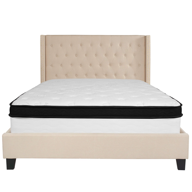 Flash Furniture Riverdale Tufted Queen Wingback Platform Bed in Beige