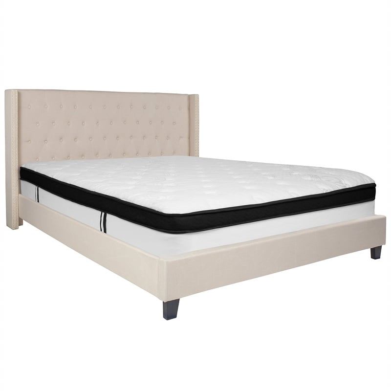 Flash Furniture Riverdale Tufted King Wingback Platform Bed in Beige