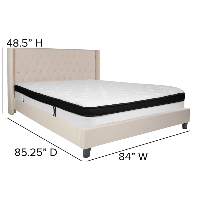 Flash Furniture Riverdale Tufted King Wingback Platform Bed in Beige
