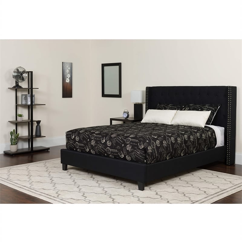 Flash Furniture Riverdale Tufted Queen Wingback Platform Bed in Black