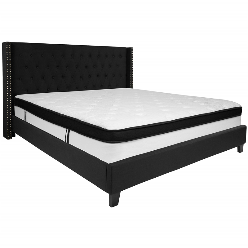 Flash Furniture Riverdale Tufted King Wingback Platform Bed in Black