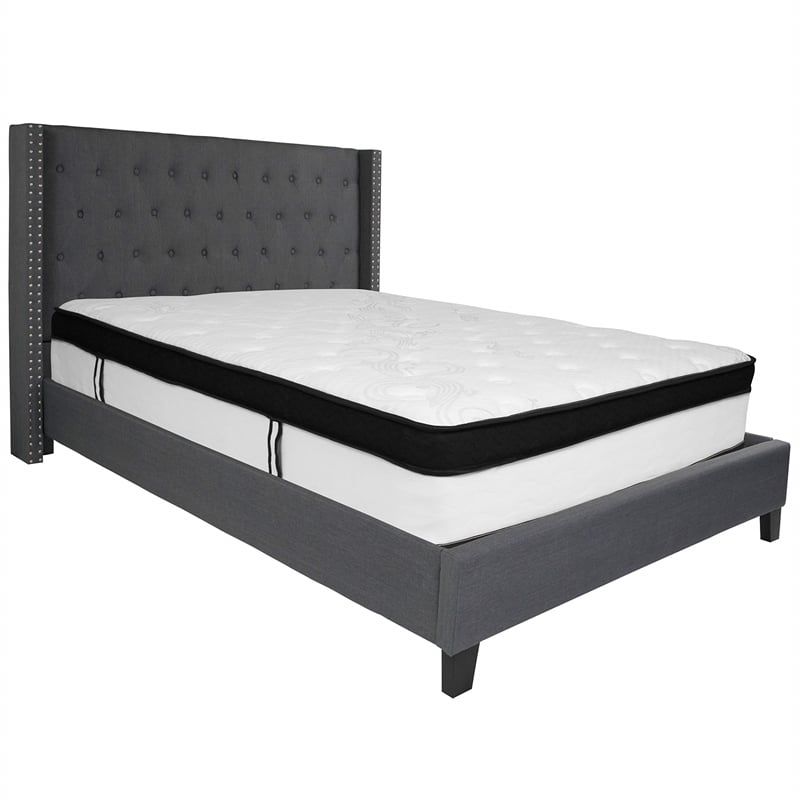 Flash Furniture Riverdale Tufted Queen Wingback Platform Bed in Gray