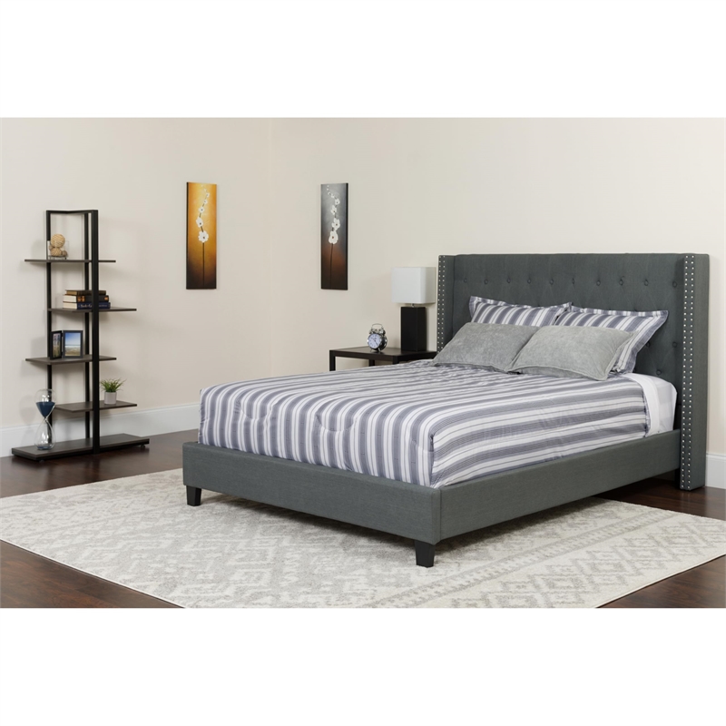 Flash Furniture Riverdale Tufted King Wingback Platform Bed in Gray