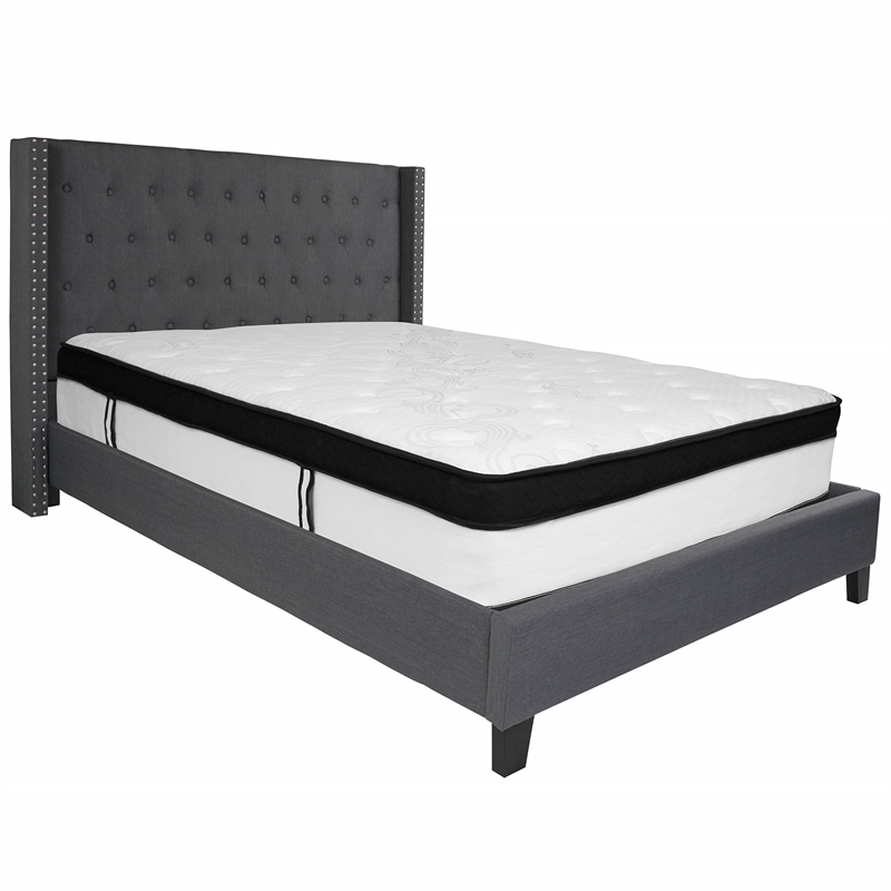 Flash Furniture Riverdale Tufted King Wingback Platform Bed in Gray