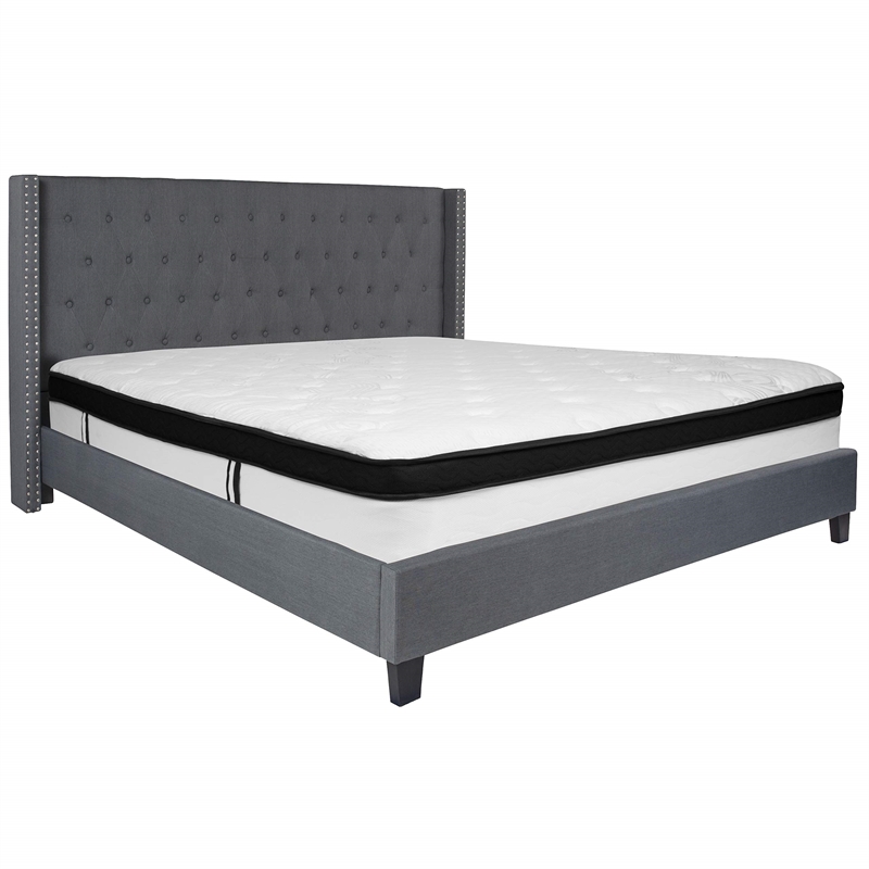 Flash Furniture Riverdale Tufted King Wingback Platform Bed in Gray