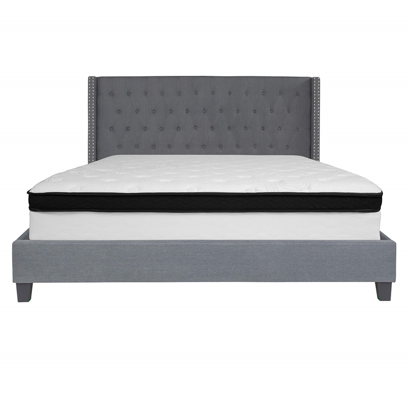 Flash Furniture Riverdale Tufted King Wingback Platform Bed in Gray
