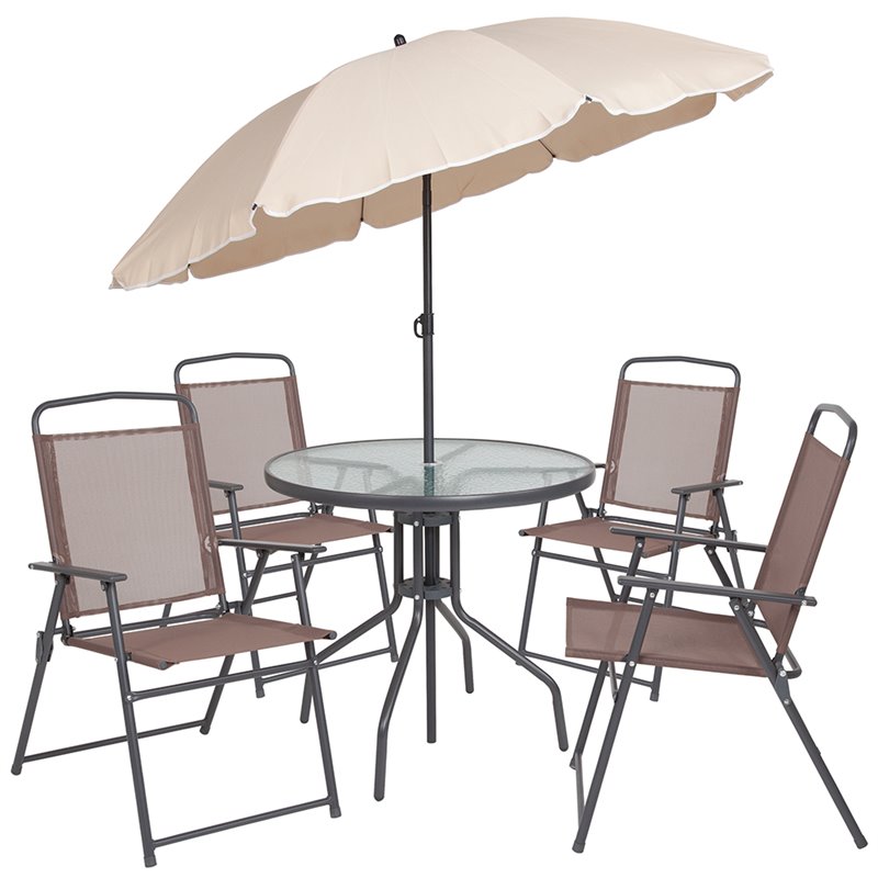 Flash Furniture Nantucket 6 Piece Patio Dining Set With Umbrella Gm 202012 Brn Gg