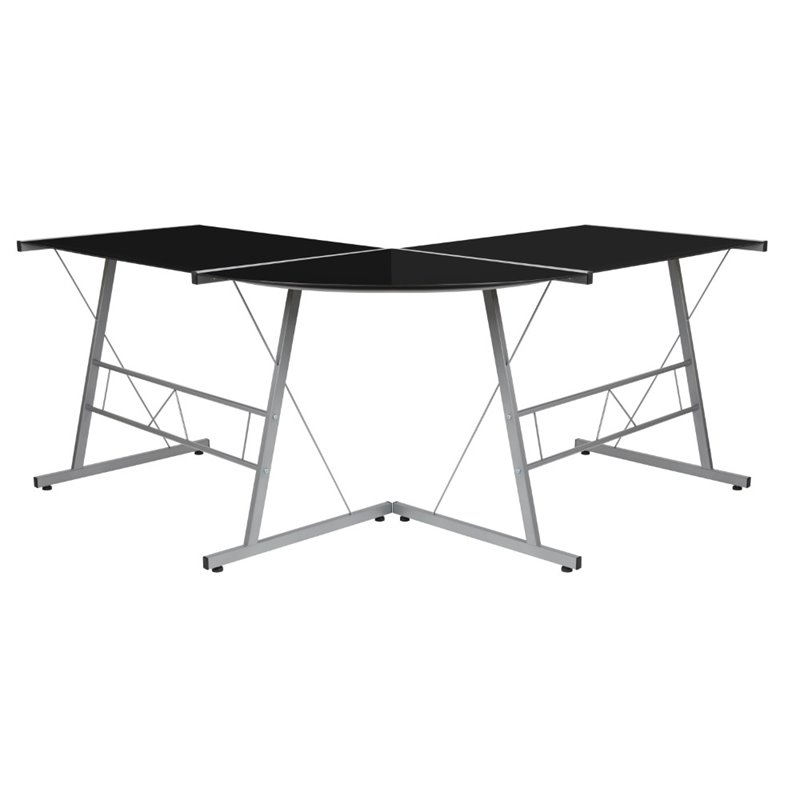 Flash Furniture Glass Top L Shaped Writing Desk in Black and Silver
