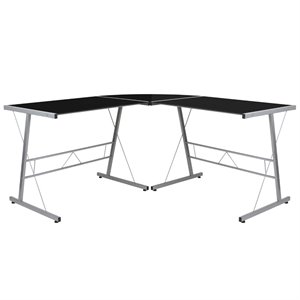 Flash Furniture Glass Top L Shaped Writing Desk in Black and Silver