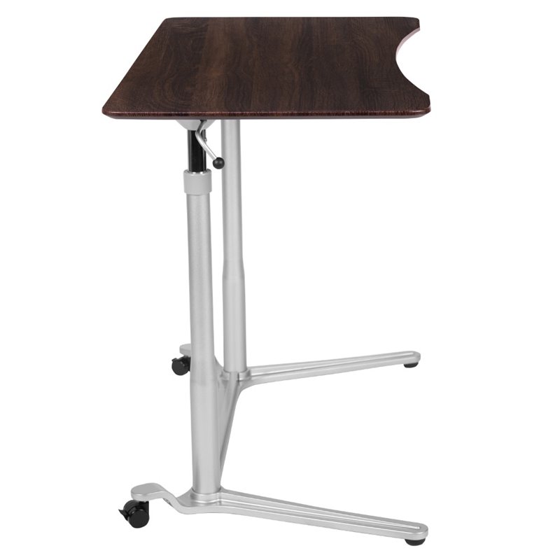 Flash Furniture Sit Down and Stand Up Desk in Dark Wood Grain and Silver