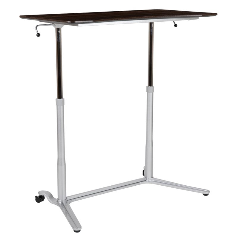 Flash Furniture Sit Down and Stand Up Desk in Dark Wood Grain and Silver