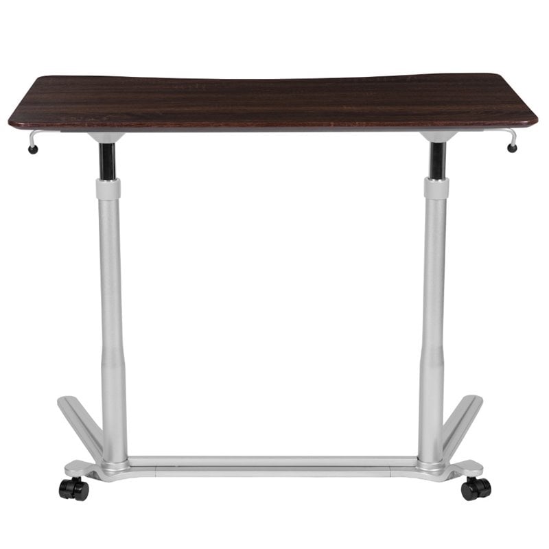 Flash Furniture Sit Down and Stand Up Desk in Dark Wood Grain and Silver
