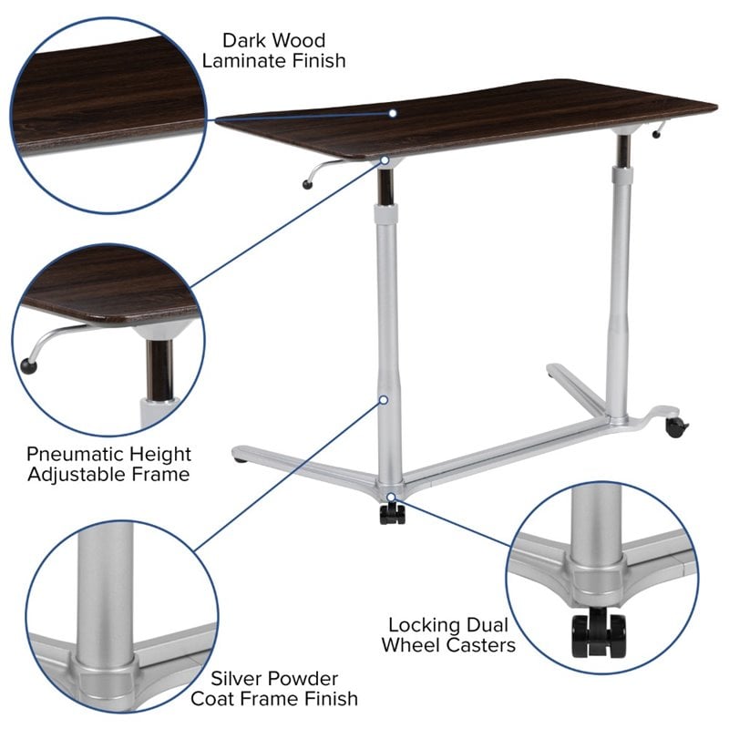 Flash Furniture Sit Down and Stand Up Desk in Dark Wood Grain and Silver