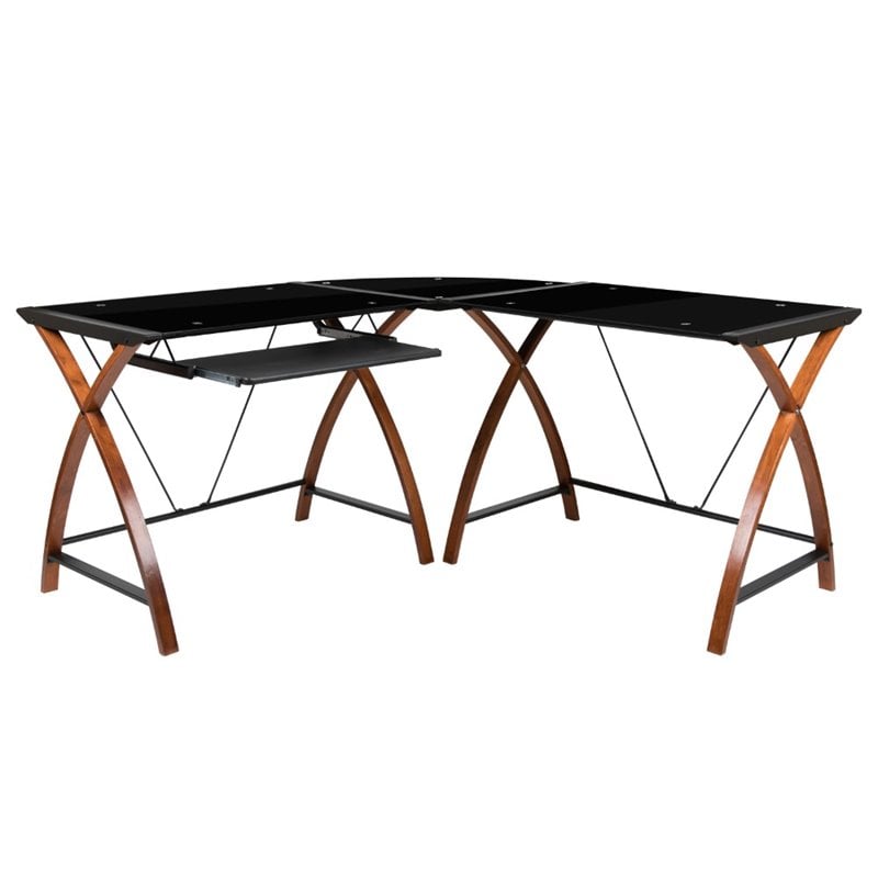 Flash Furniture Glass Top L Shaped Computer Desk in Black and Cherry