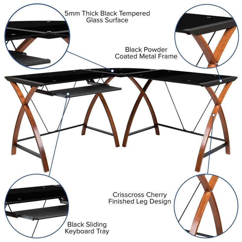 Flash Furniture Glass Top L Shaped Computer Desk in Black and Cherry