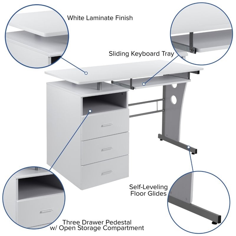 Flash Furniture Pedestal Computer Desk In White Nan Wk 008 Wh Gg Flash Furniture Pedestal Computer Desk, Flash Furniture Frosted Computer Desk With 3 Drawer Pedestal White