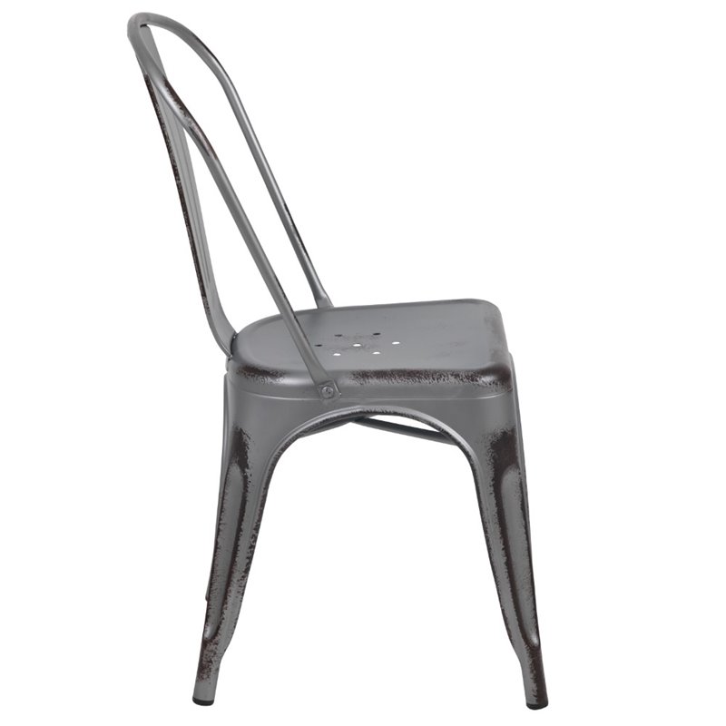 Flash Furniture Distressed Stackable Metal Dining Side Chair in Silver Gray